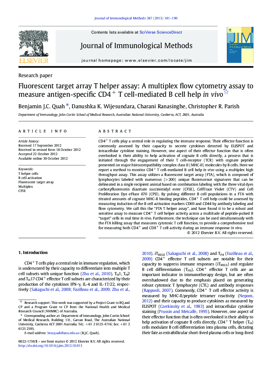 Fluorescent target array T helper assay: A multiplex flow cytometry assay to measure antigen-specific CD4+ T cell-mediated B cell help in vivo