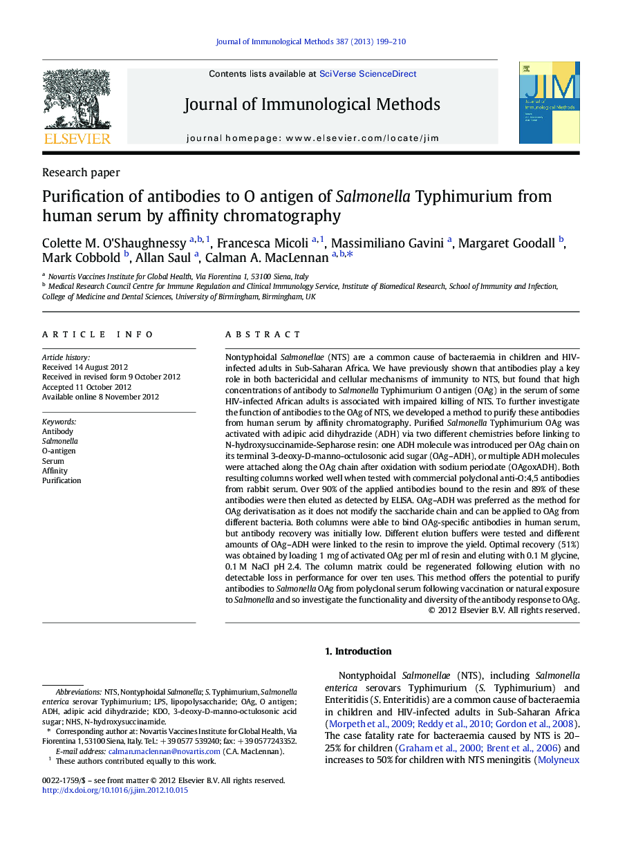 Purification of antibodies to O antigen of Salmonella Typhimurium from human serum by affinity chromatography