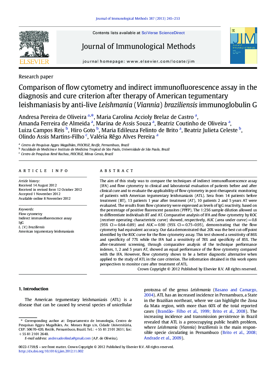 Comparison of flow cytometry and indirect immunofluorescence assay in the diagnosis and cure criterion after therapy of American tegumentary leishmaniasis by anti-live Leishmania (Viannia) braziliensis immunoglobulin G