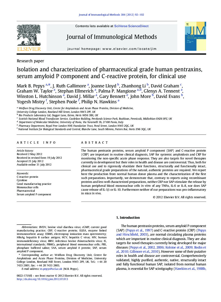 Isolation and characterization of pharmaceutical grade human pentraxins, serum amyloid P component and Câreactive protein, for clinical use