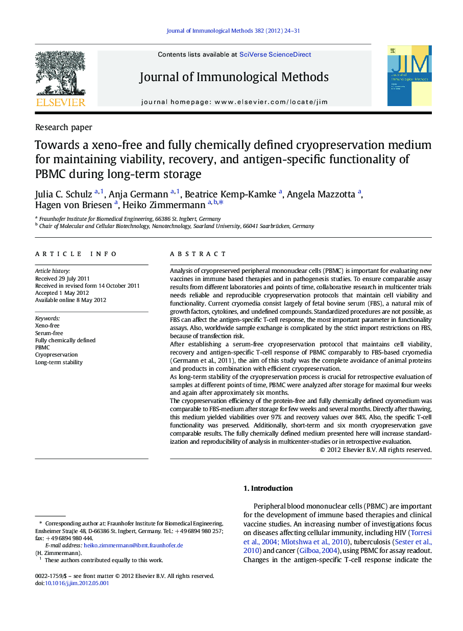 Towards a xeno-free and fully chemically defined cryopreservation medium for maintaining viability, recovery, and antigen-specific functionality of PBMC during long-term storage