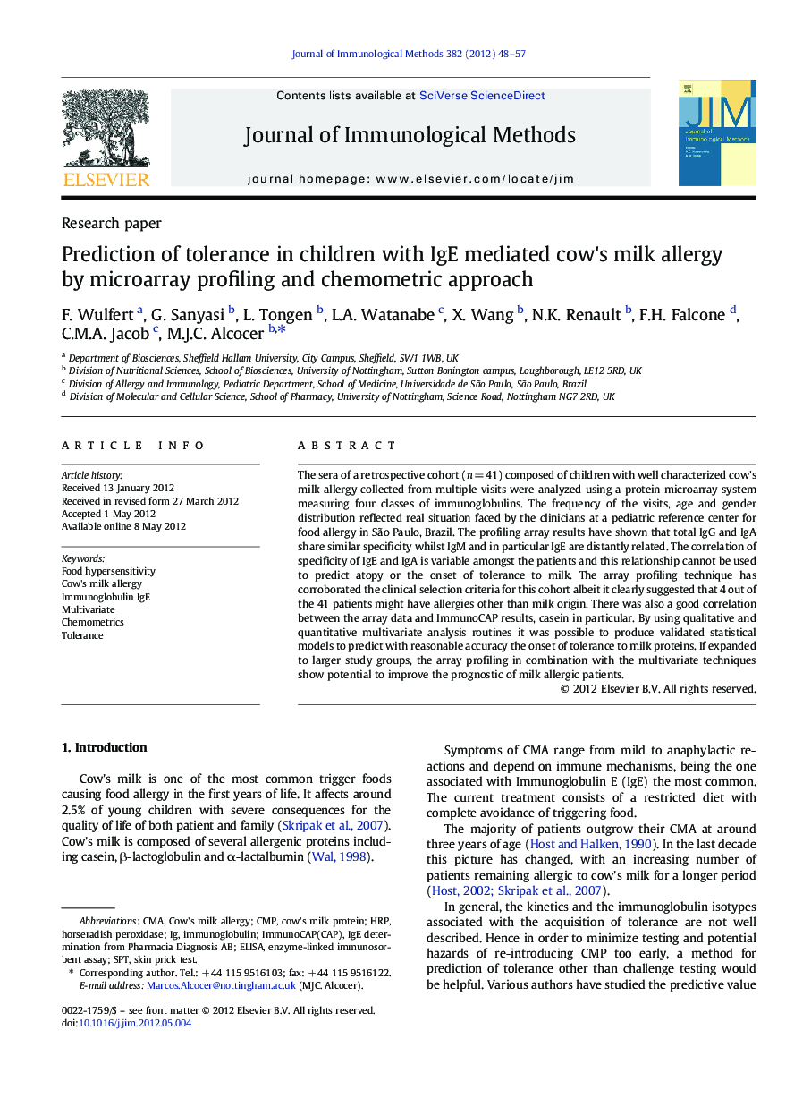 Prediction of tolerance in children with IgE mediated cow's milk allergy by microarray profiling and chemometric approach