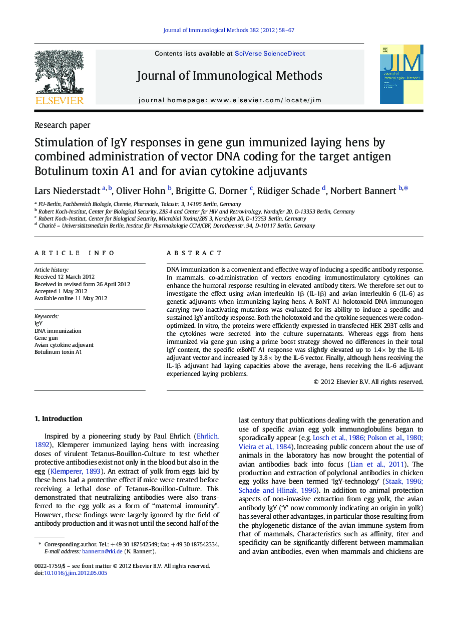 Stimulation of IgY responses in gene gun immunized laying hens by combined administration of vector DNA coding for the target antigen Botulinum toxin A1 and for avian cytokine adjuvants