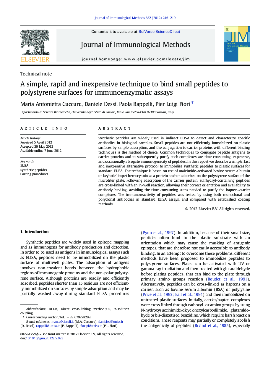 A simple, rapid and inexpensive technique to bind small peptides to polystyrene surfaces for immunoenzymatic assays