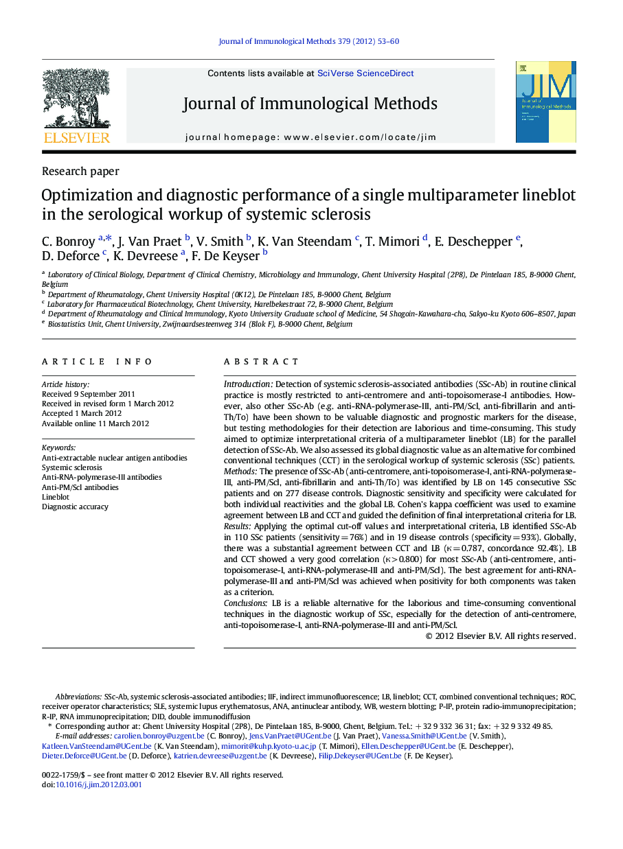 Optimization and diagnostic performance of a single multiparameter lineblot in the serological workup of systemic sclerosis