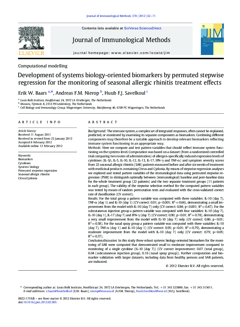 Development of systems biology-oriented biomarkers by permuted stepwise regression for the monitoring of seasonal allergic rhinitis treatment effects