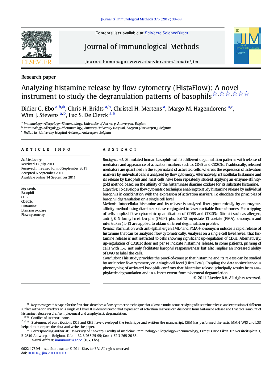 Analyzing histamine release by flow cytometry (HistaFlow): A novel instrument to study the degranulation patterns of basophils