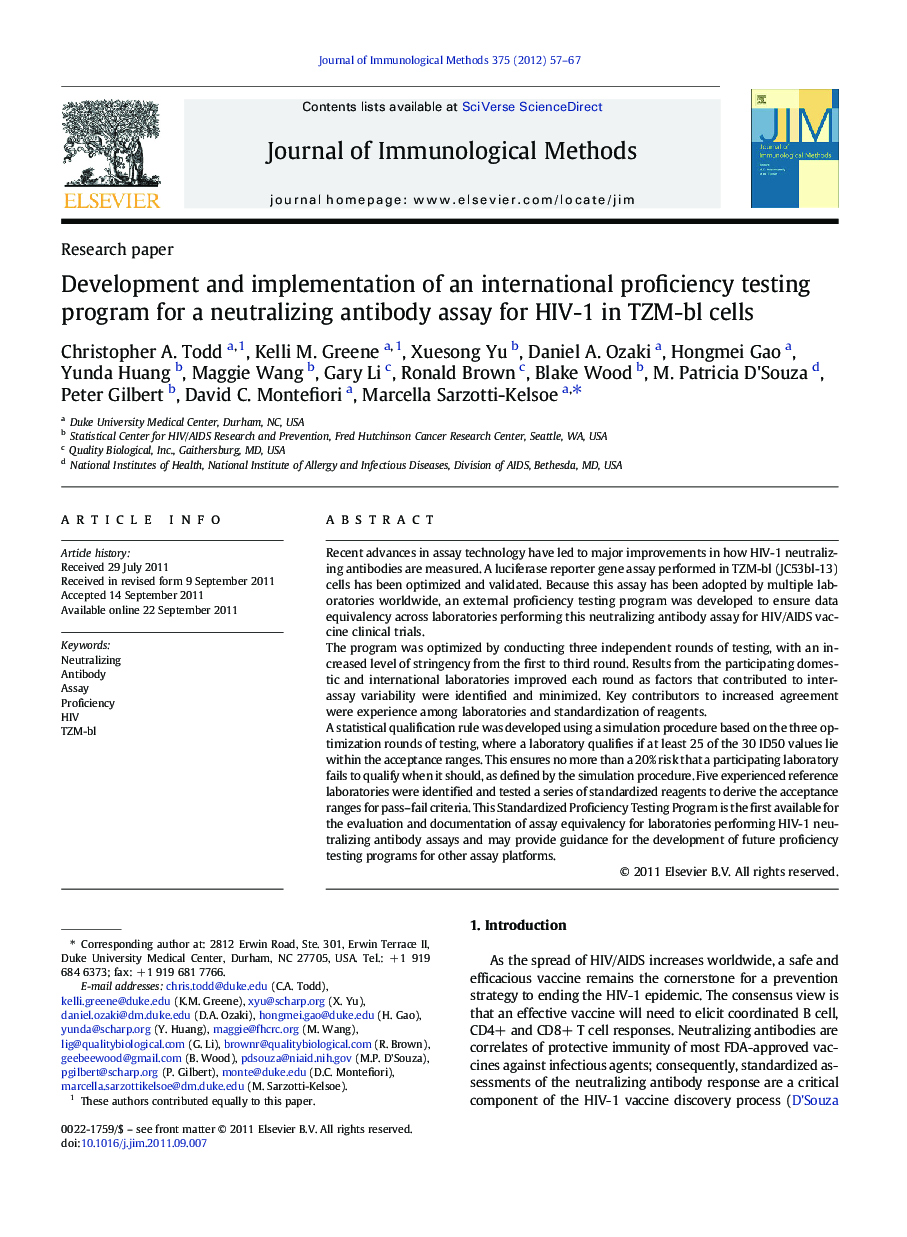 Development and implementation of an international proficiency testing program for a neutralizing antibody assay for HIV-1 in TZM-bl cells