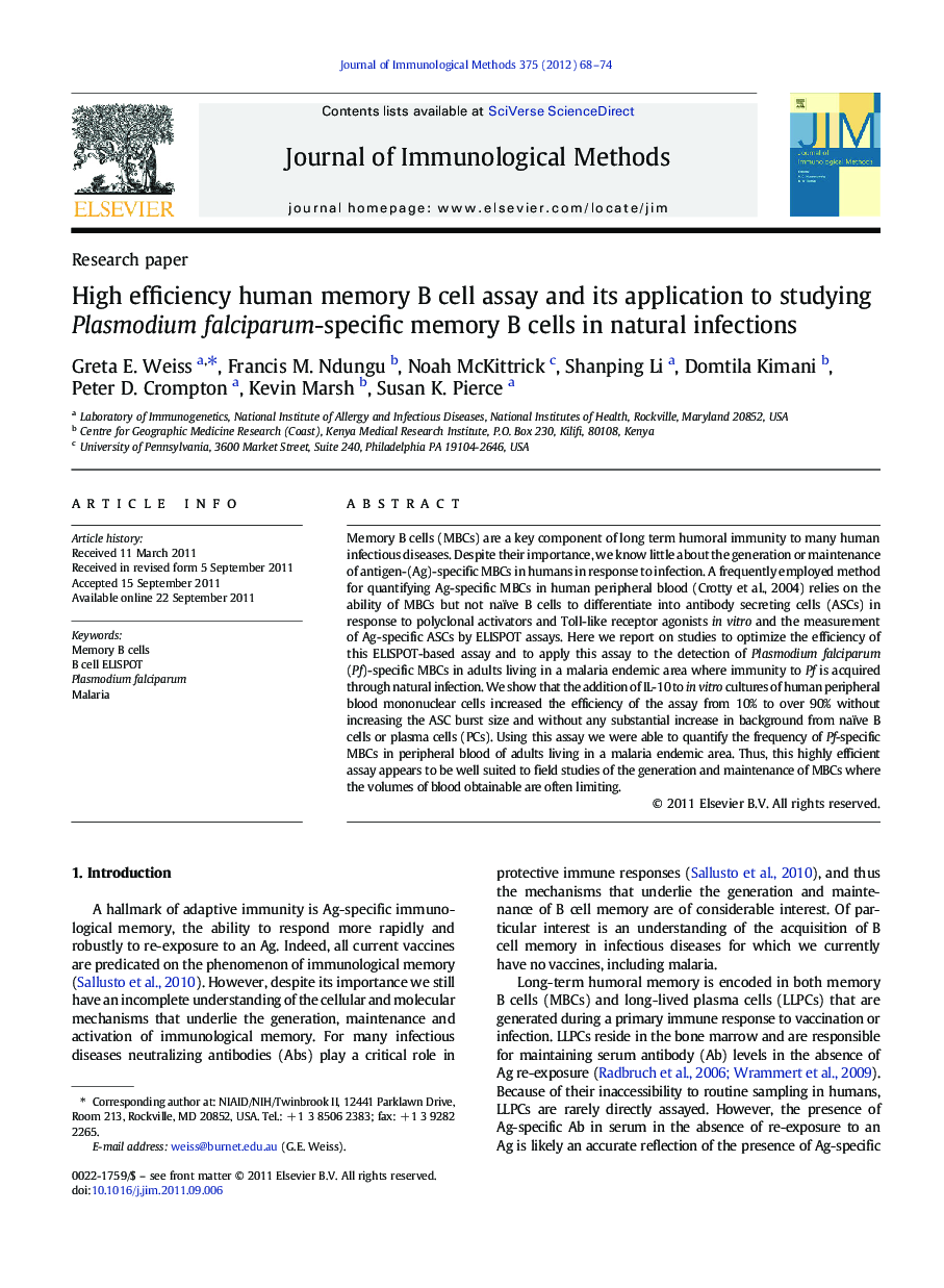 High efficiency human memory B cell assay and its application to studying Plasmodium falciparum-specific memory B cells in natural infections