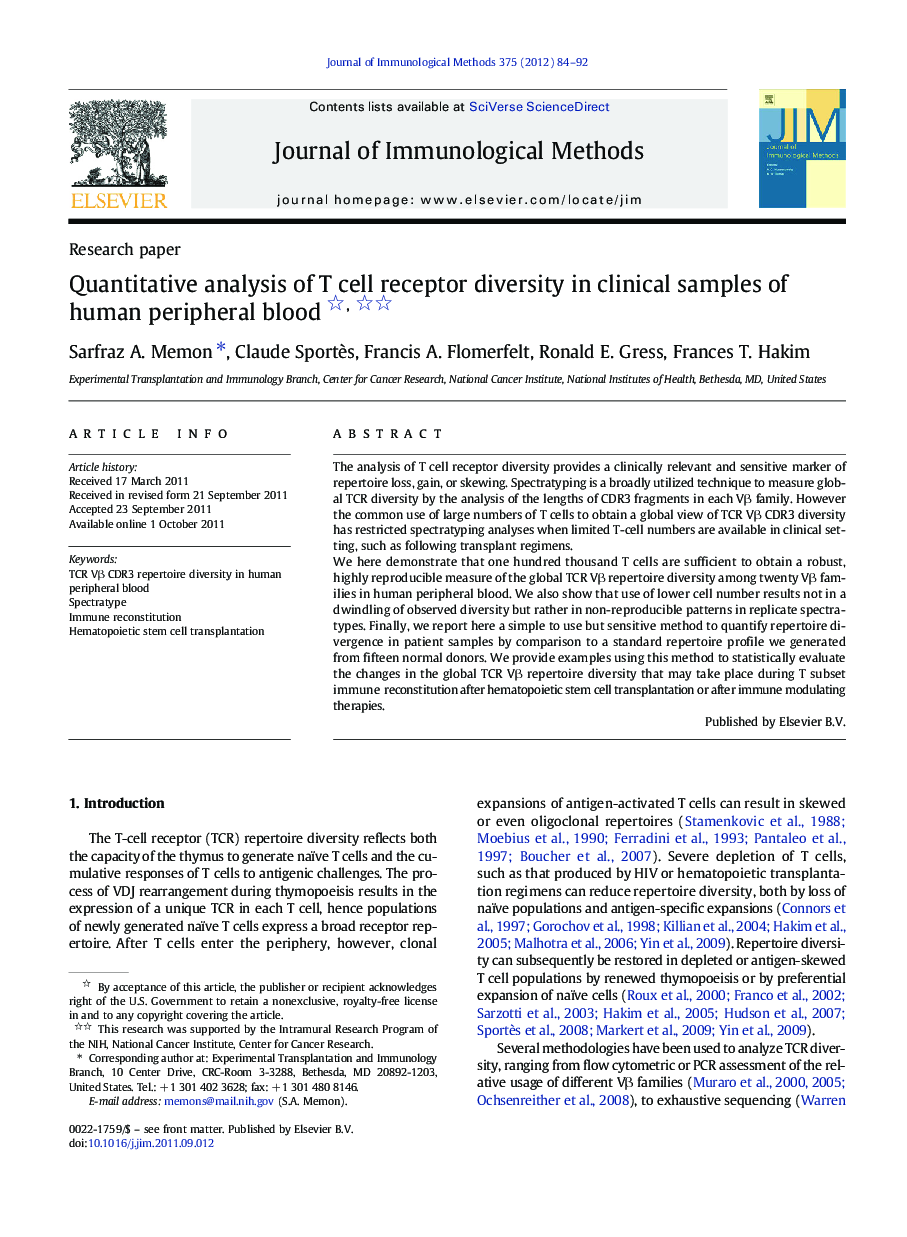 Quantitative analysis of T cell receptor diversity in clinical samples of human peripheral blood