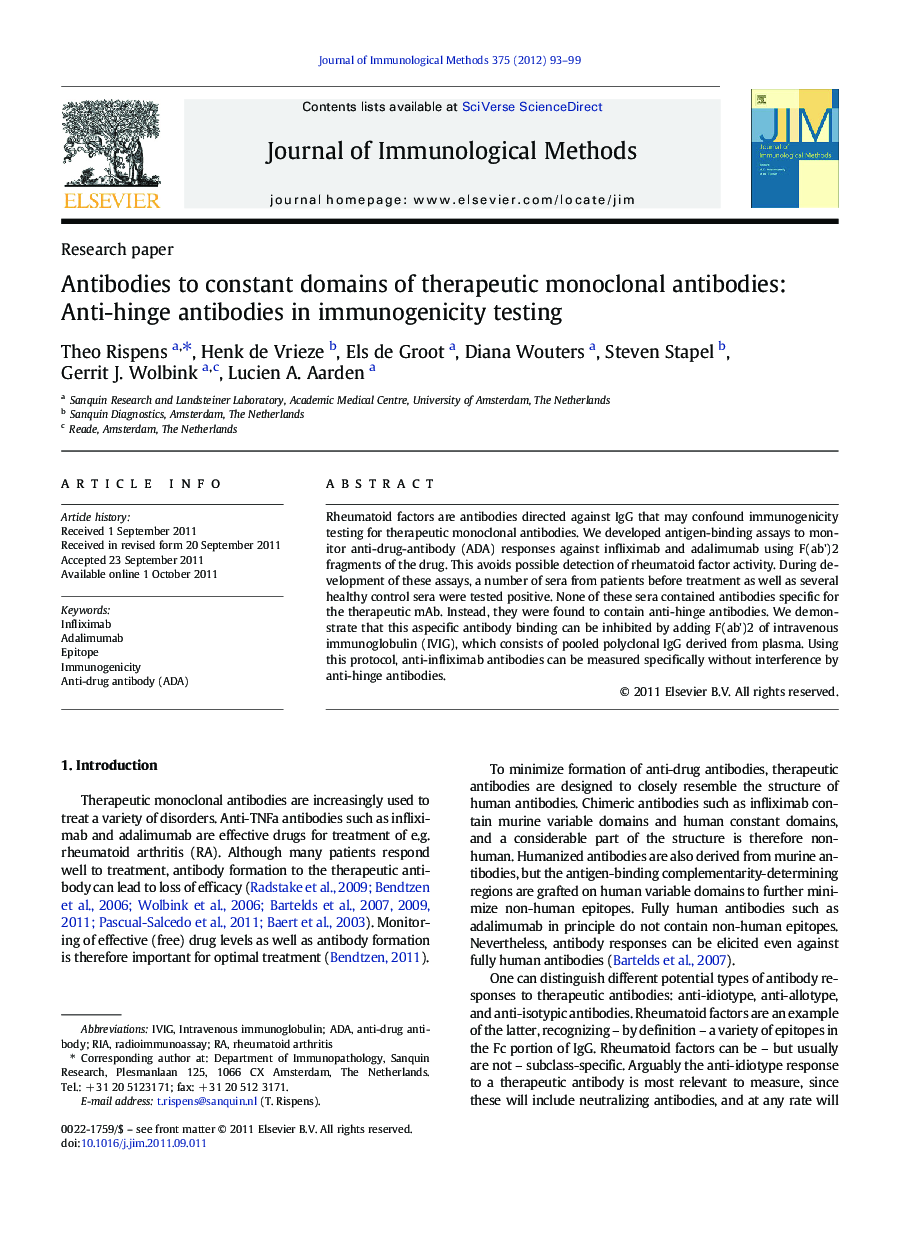 Antibodies to constant domains of therapeutic monoclonal antibodies: Anti-hinge antibodies in immunogenicity testing