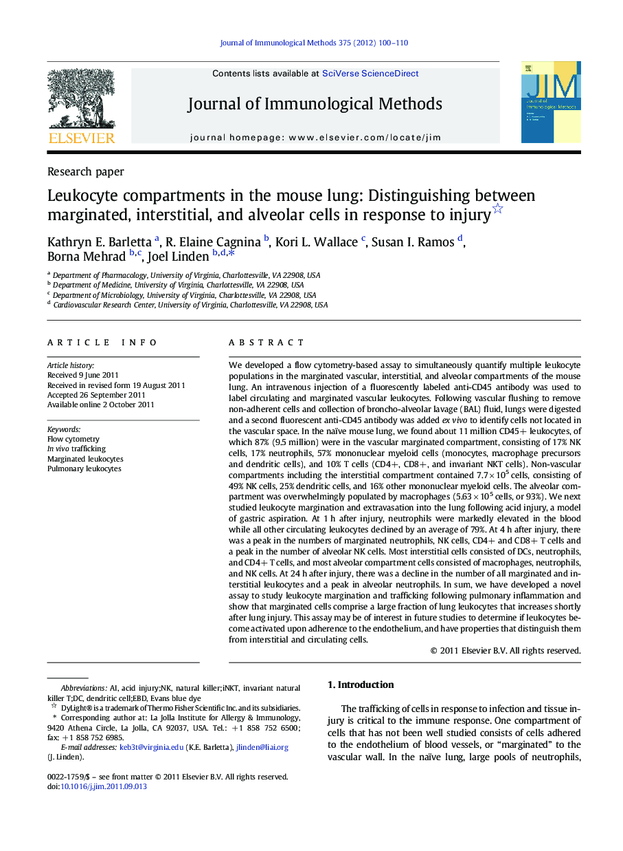 Leukocyte compartments in the mouse lung: Distinguishing between marginated, interstitial, and alveolar cells in response to injury