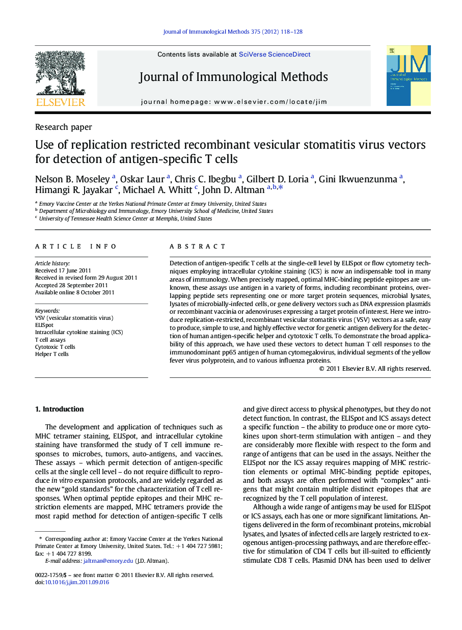 Use of replication restricted recombinant vesicular stomatitis virus vectors for detection of antigen-specific T cells