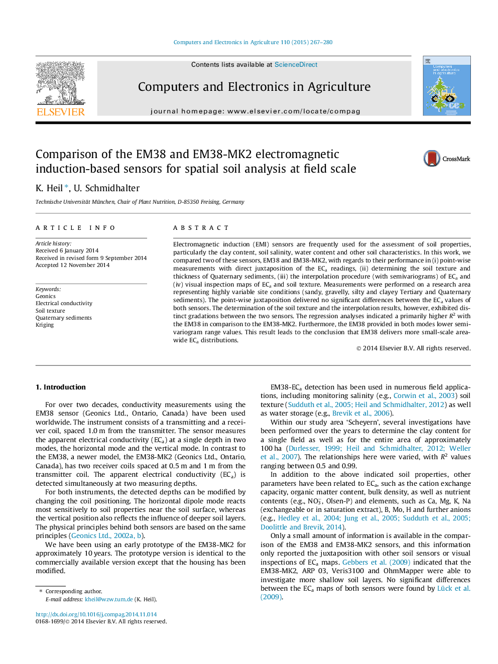 Comparison of the EM38 and EM38-MK2 electromagnetic induction-based sensors for spatial soil analysis at field scale