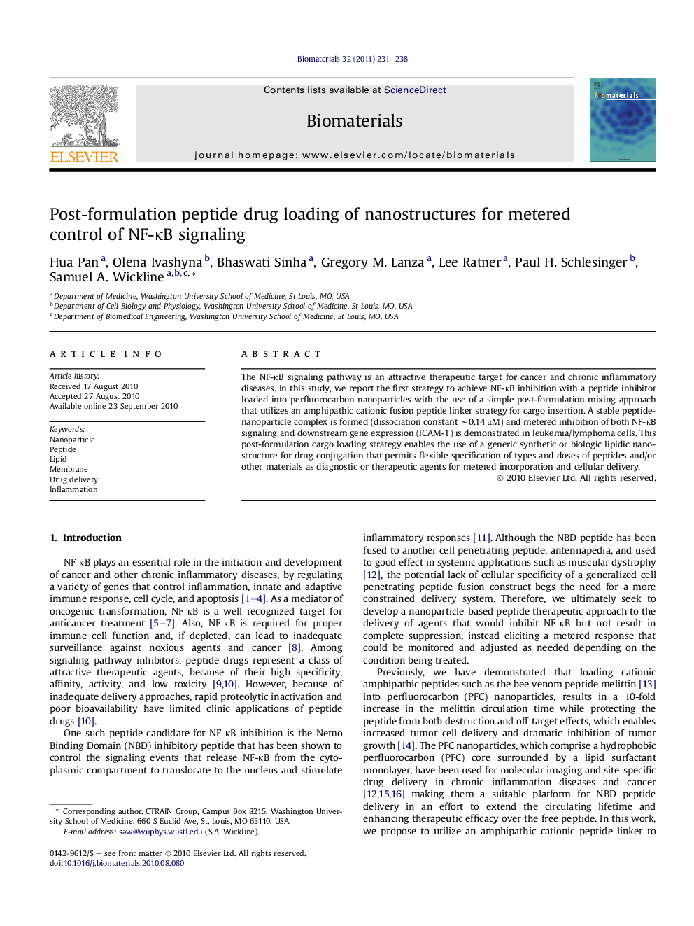 Post-formulation peptide drug loading of nanostructures for metered control of NF-κB signaling