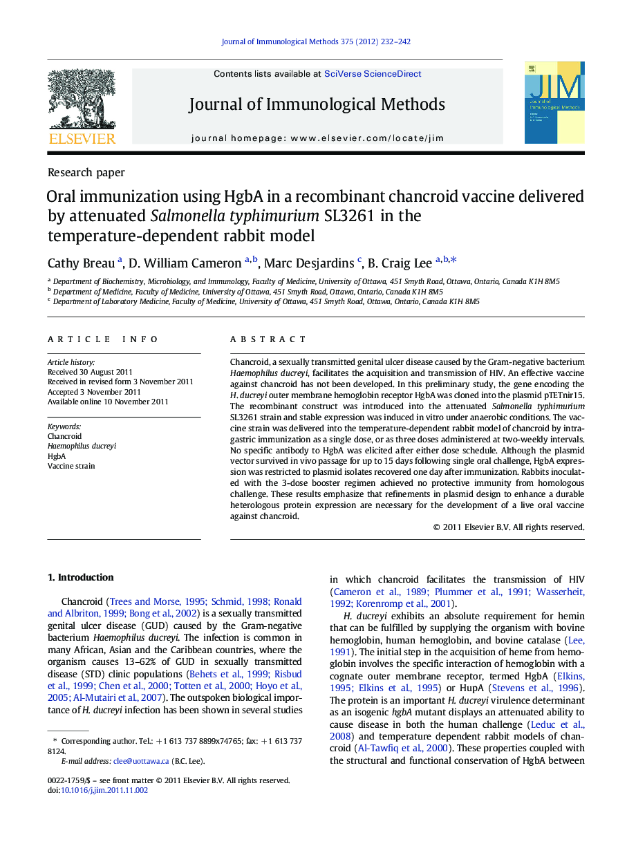 Oral immunization using HgbA in a recombinant chancroid vaccine delivered by attenuated Salmonella typhimurium SL3261 in the temperature-dependent rabbit model
