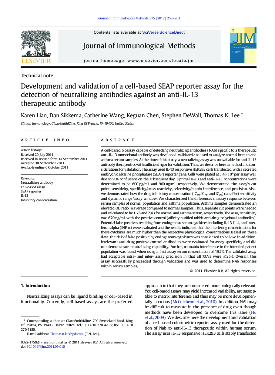 Development and validation of a cell-based SEAP reporter assay for the detection of neutralizing antibodies against an anti-IL-13 therapeutic antibody