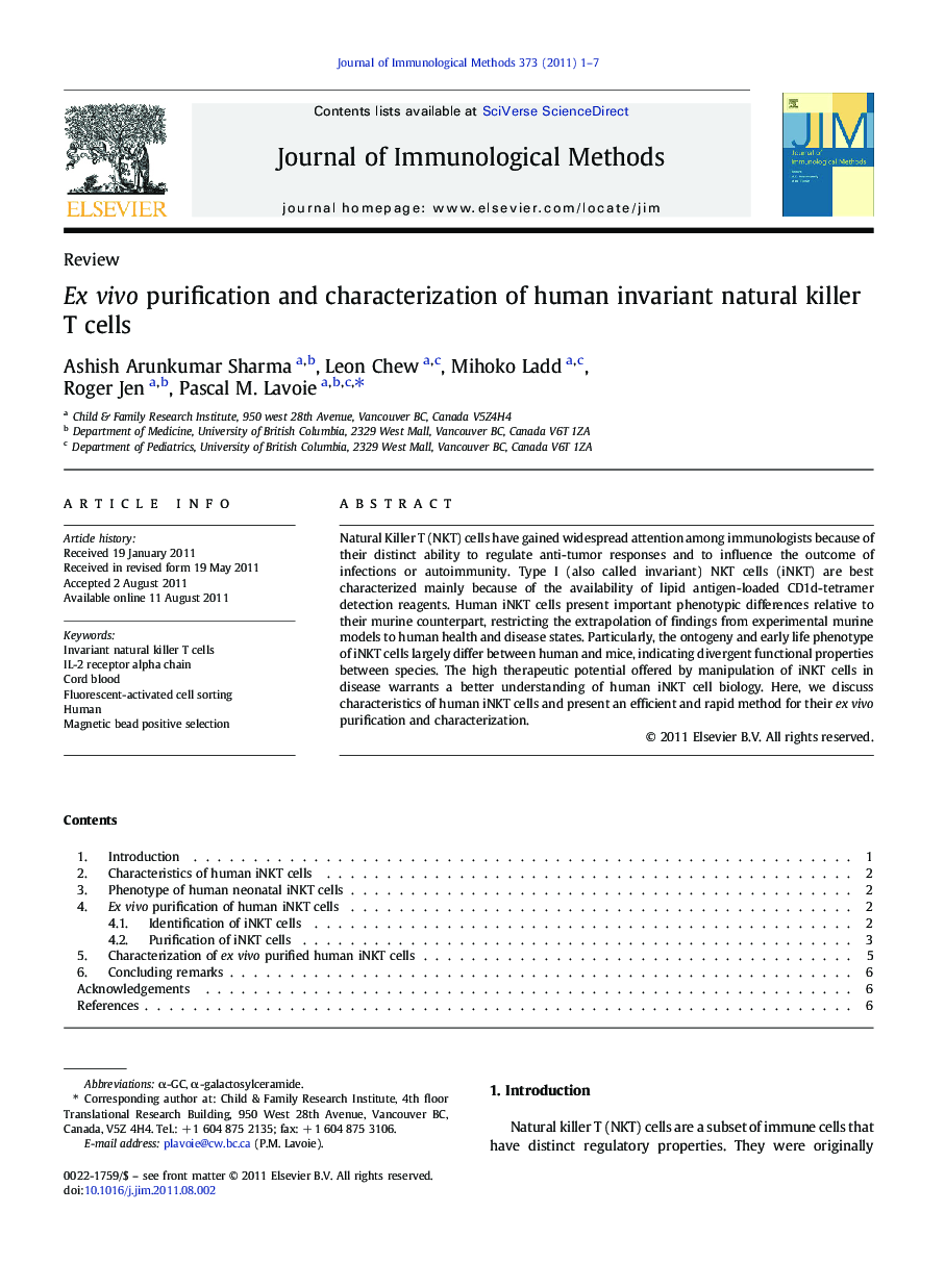 Ex vivo purification and characterization of human invariant natural killer T cells