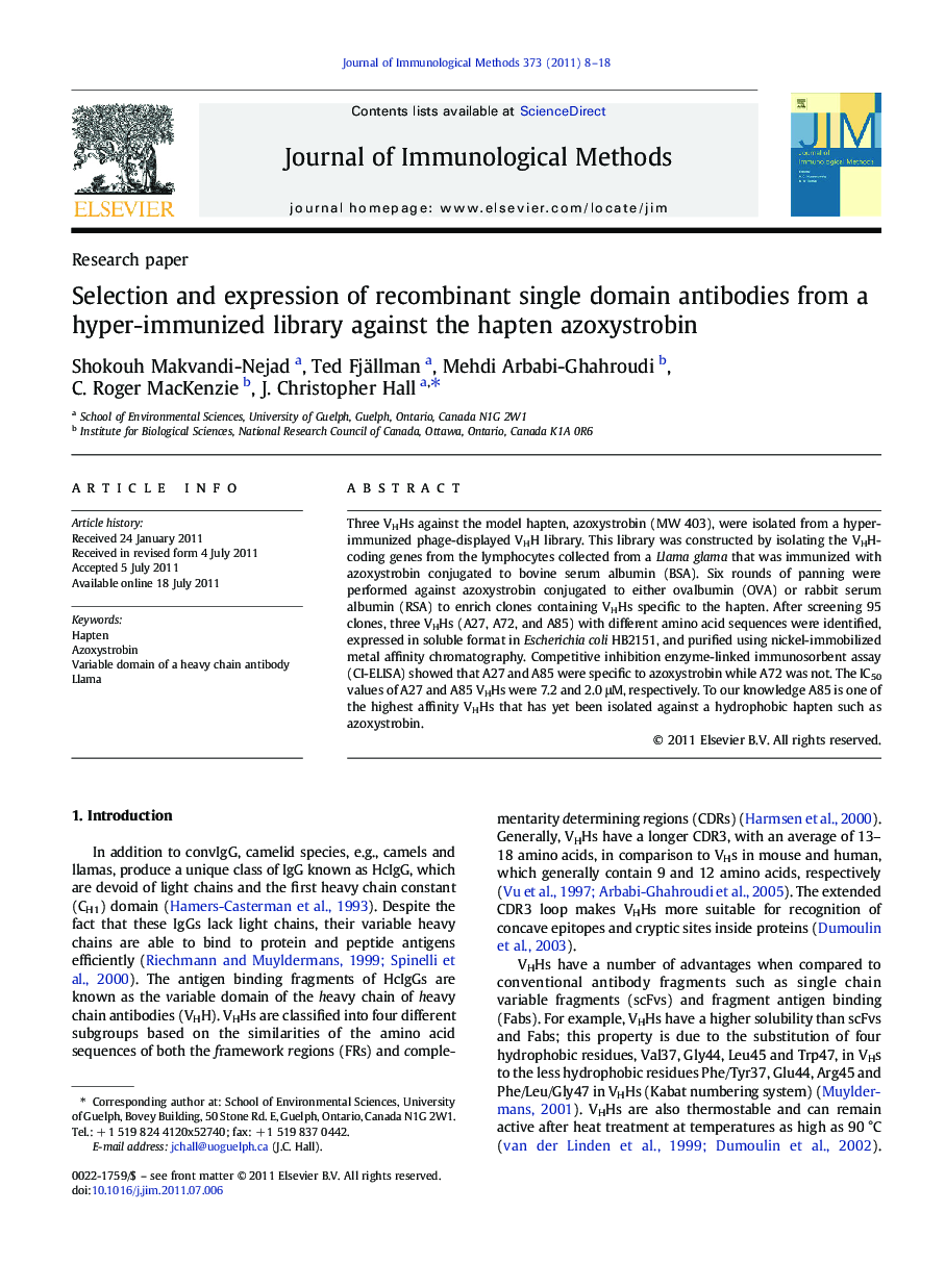 Selection and expression of recombinant single domain antibodies from a hyper-immunized library against the hapten azoxystrobin