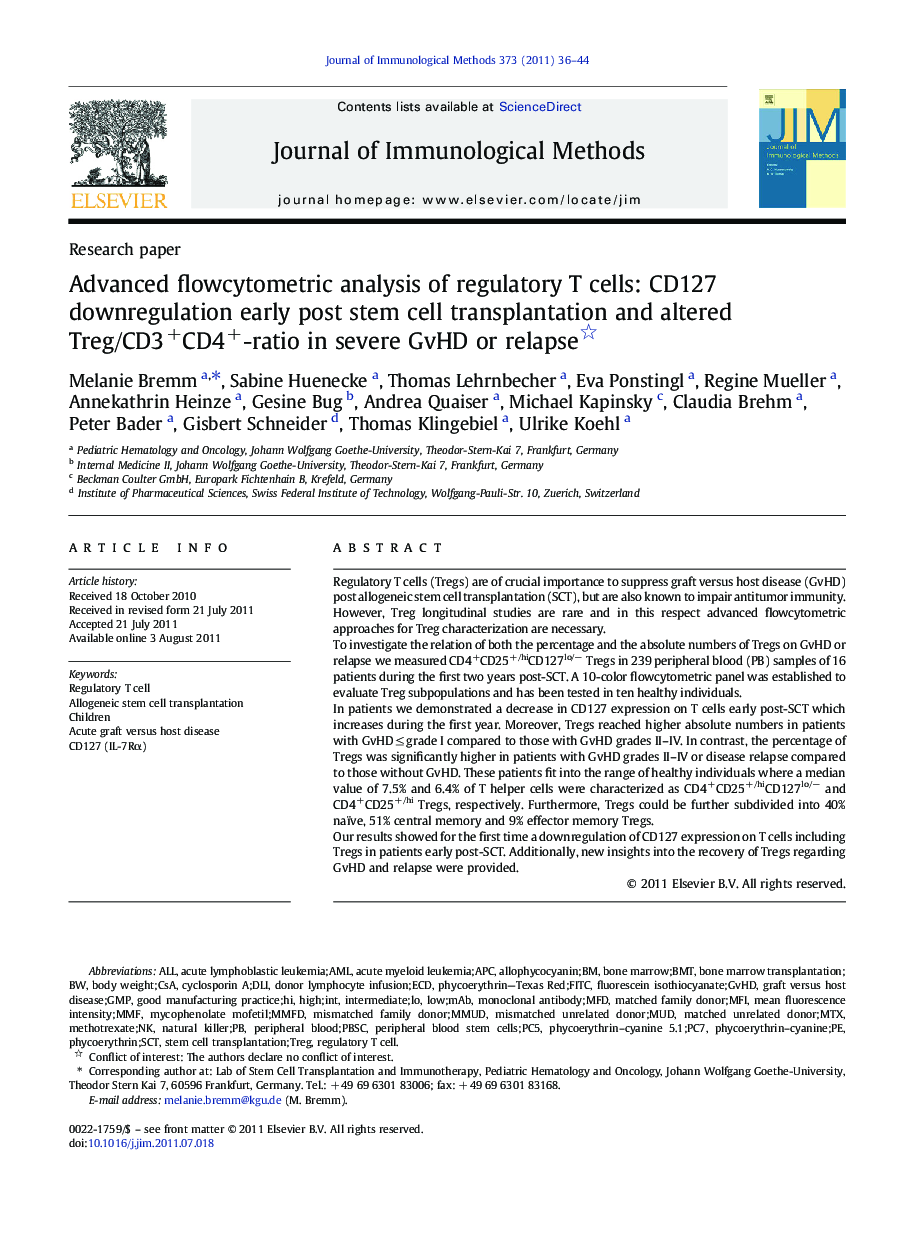 Advanced flowcytometric analysis of regulatory T cells: CD127 downregulation early post stem cell transplantation and altered Treg/CD3+CD4+-ratio in severe GvHD or relapse