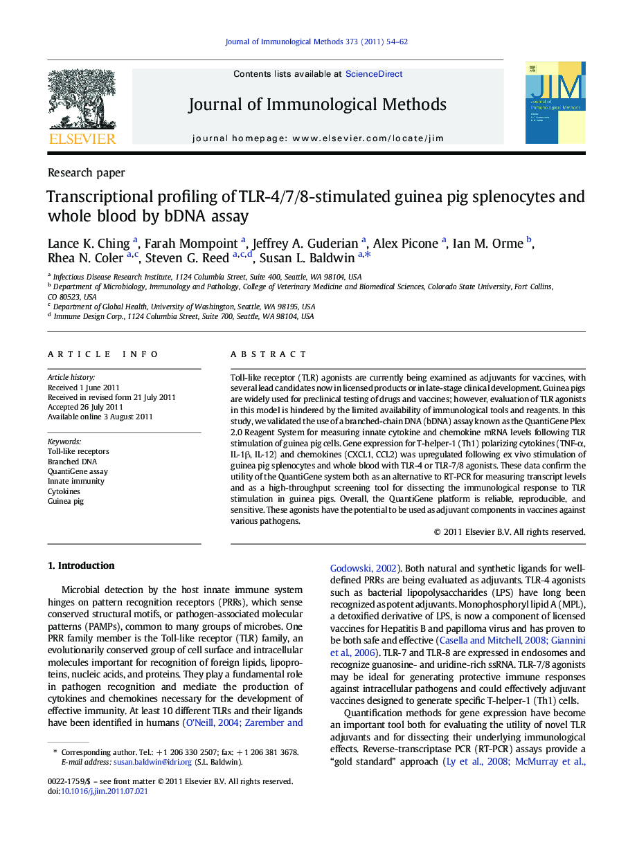 Transcriptional profiling of TLR-4/7/8-stimulated guinea pig splenocytes and whole blood by bDNA assay