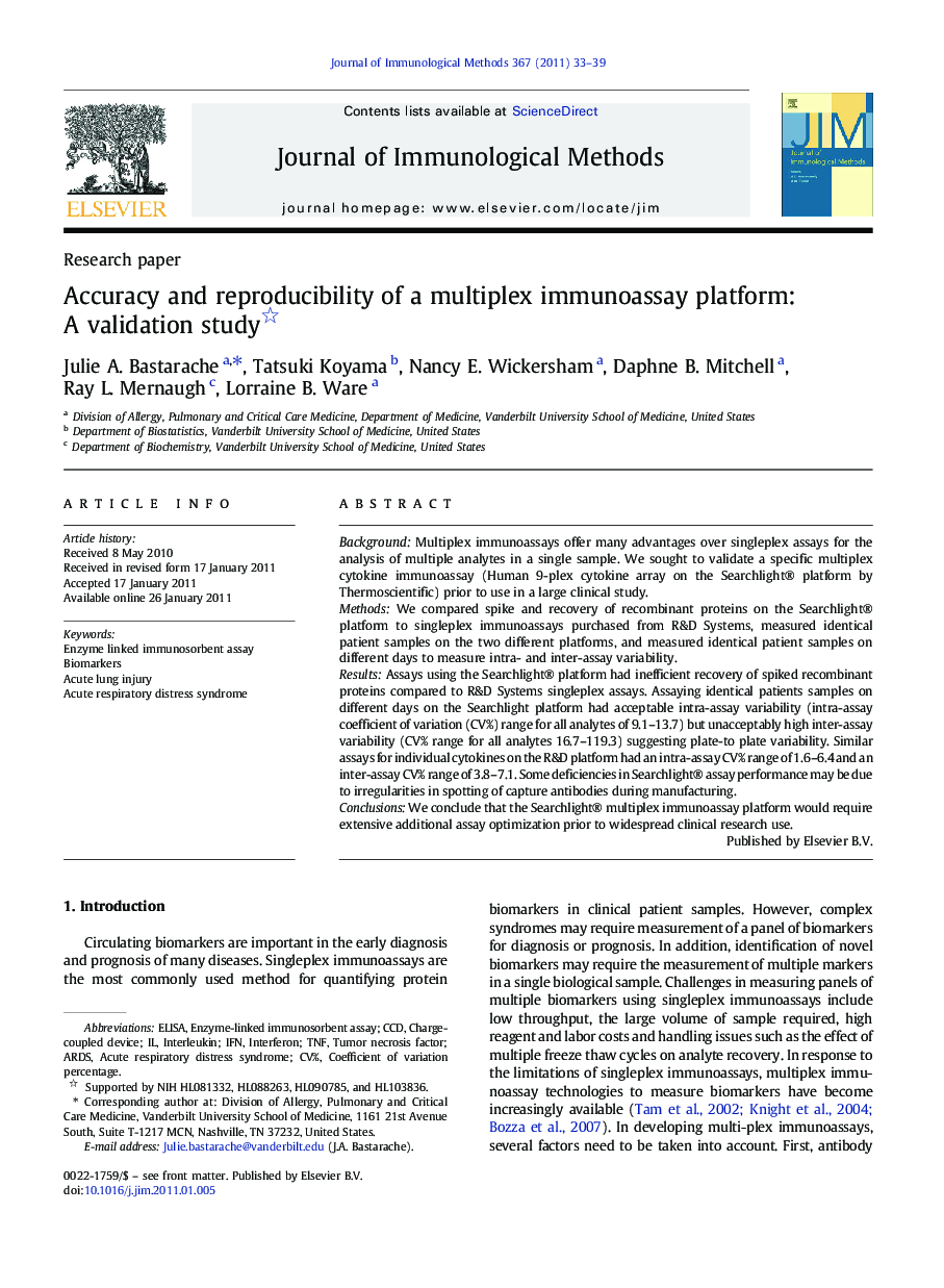 Accuracy and reproducibility of a multiplex immunoassay platform: A validation study