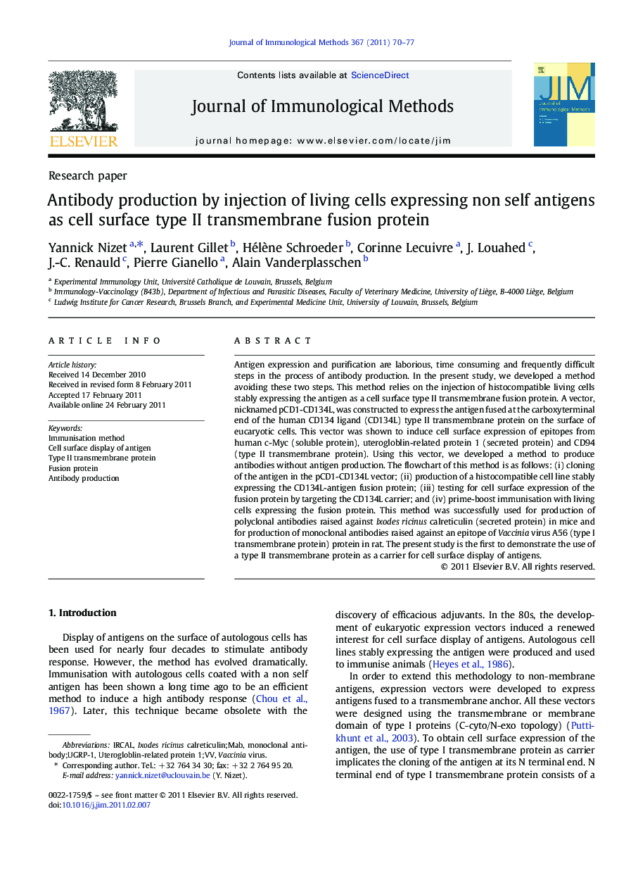 عکس صفحه اول مقاله: Antibody production by injection of living cells expressing non self antigens as cell surface type II transmembrane fusion protein Antibody production by injection of living cells expressing non self antigens as cell surface type II transmembrane fusion protein