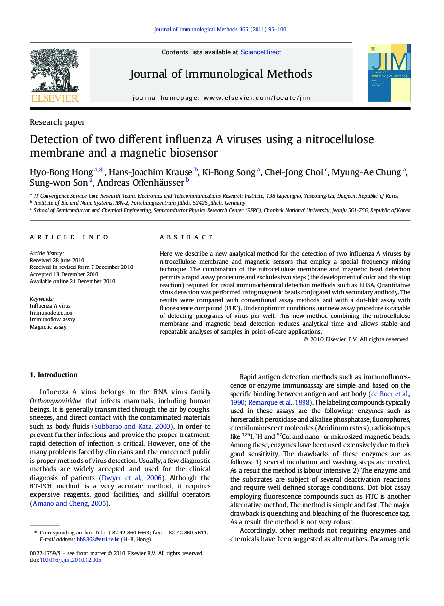 Detection of two different influenza A viruses using a nitrocellulose membrane and a magnetic biosensor