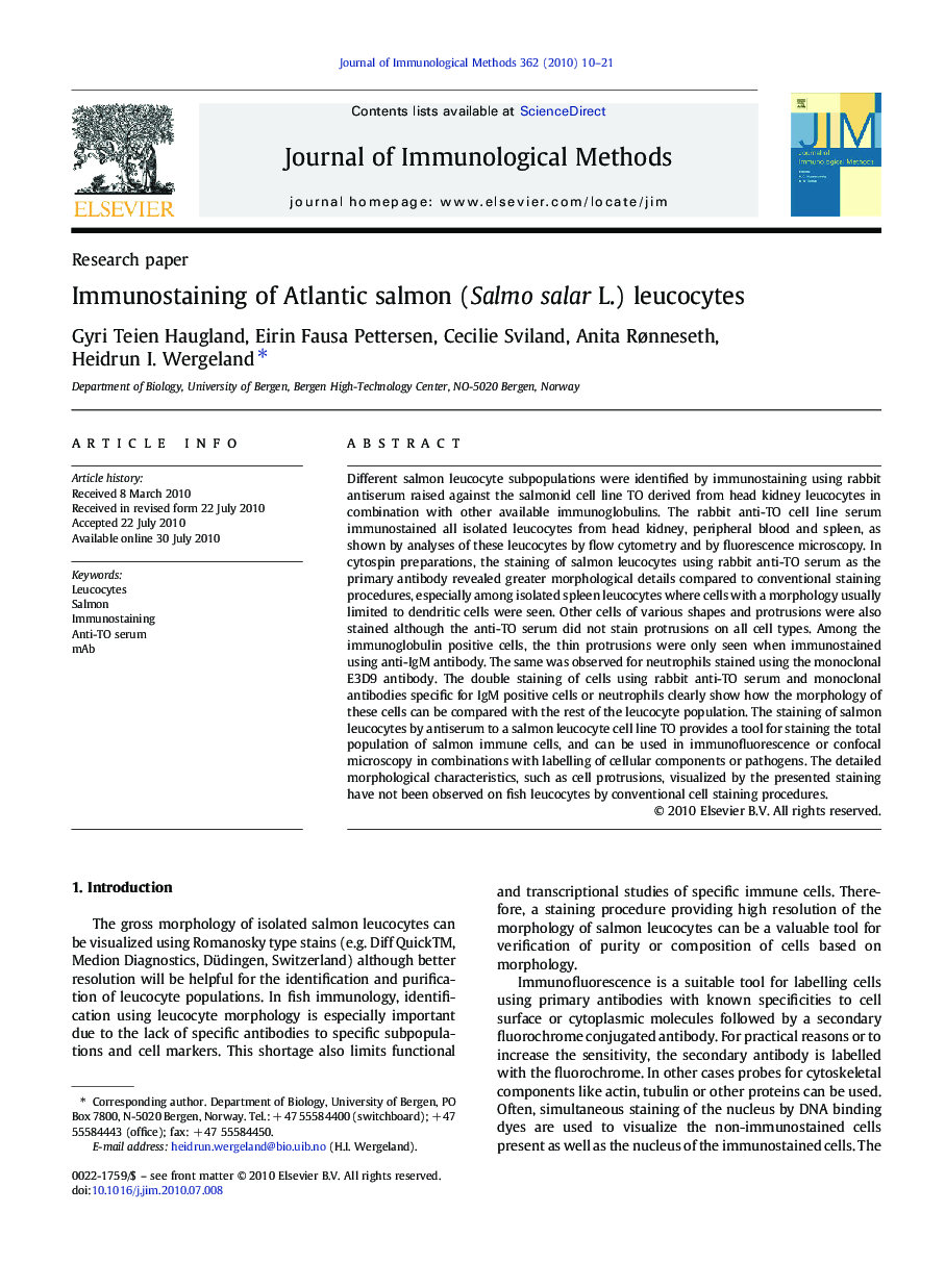 Immunostaining of Atlantic salmon (Salmo salar L.) leucocytes