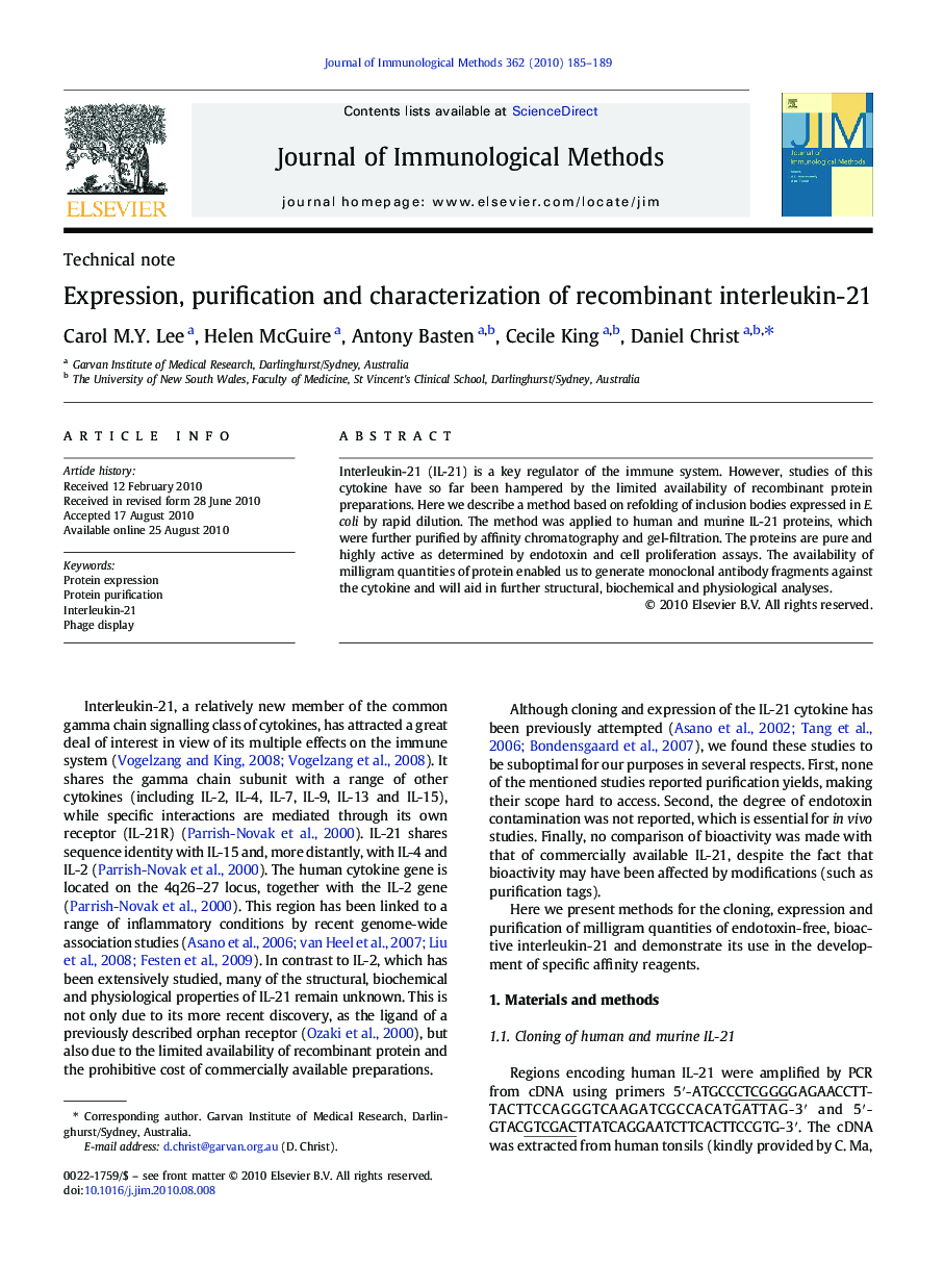 Expression, purification and characterization of recombinant interleukin-21