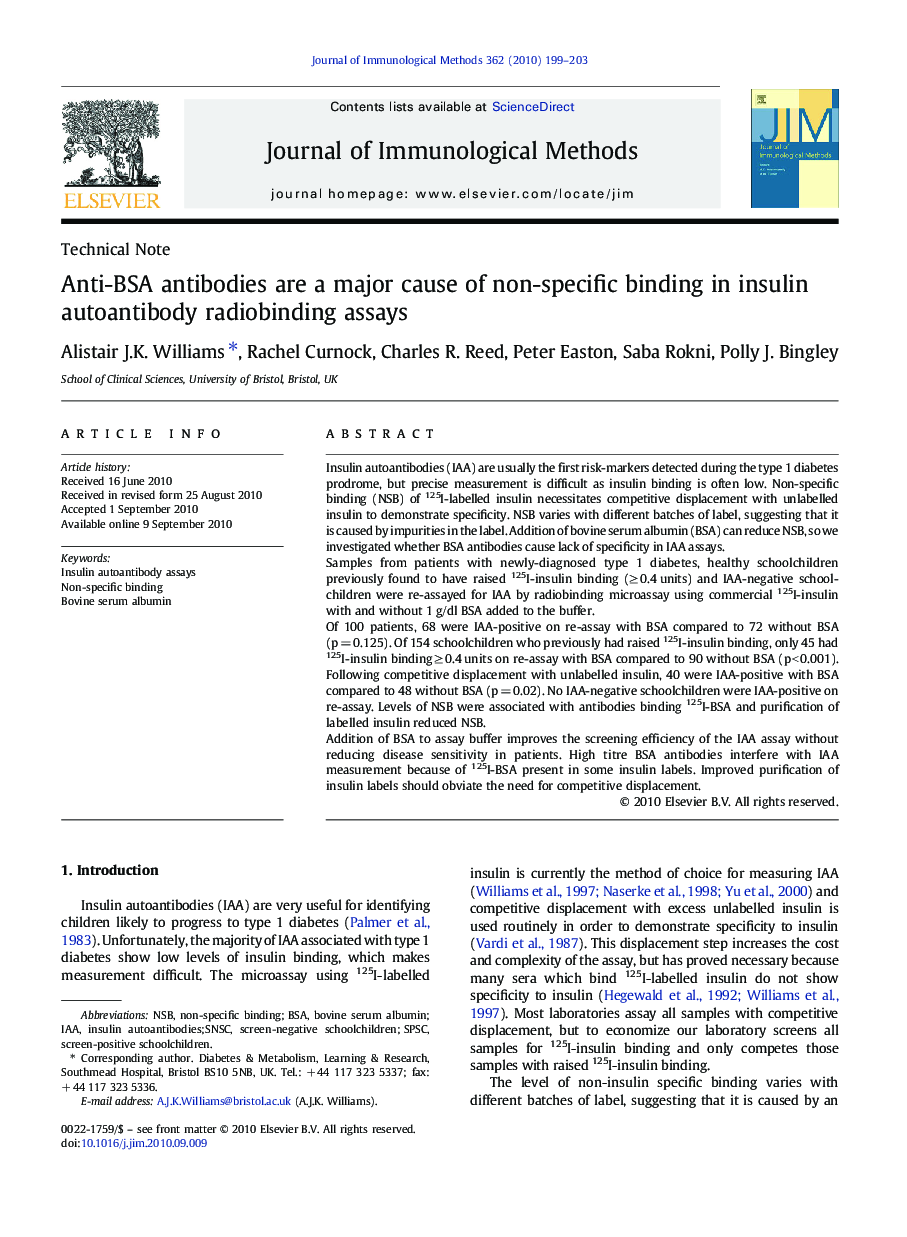 Anti-BSA antibodies are a major cause of non-specific binding in insulin autoantibody radiobinding assays