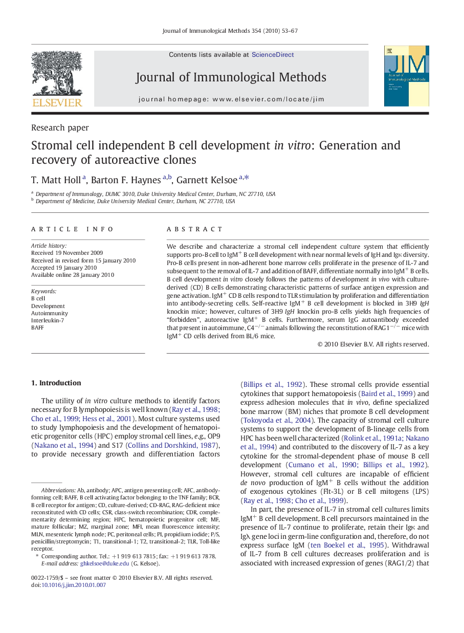 Stromal cell independent B cell development in vitro: Generation and recovery of autoreactive clones