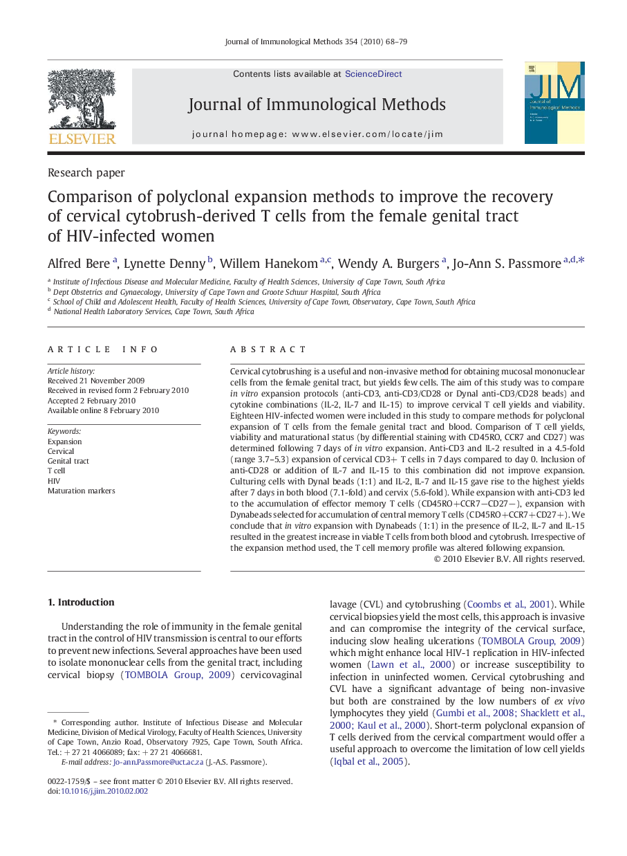 Comparison of polyclonal expansion methods to improve the recovery of cervical cytobrush-derived T cells from the female genital tract of HIV-infected women