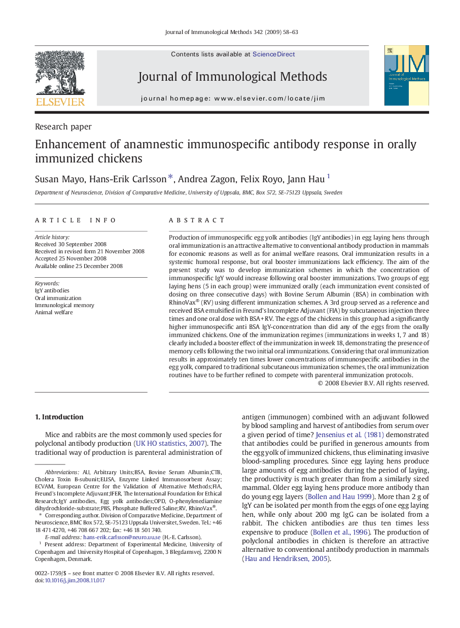 Enhancement of anamnestic immunospecific antibody response in orally immunized chickens