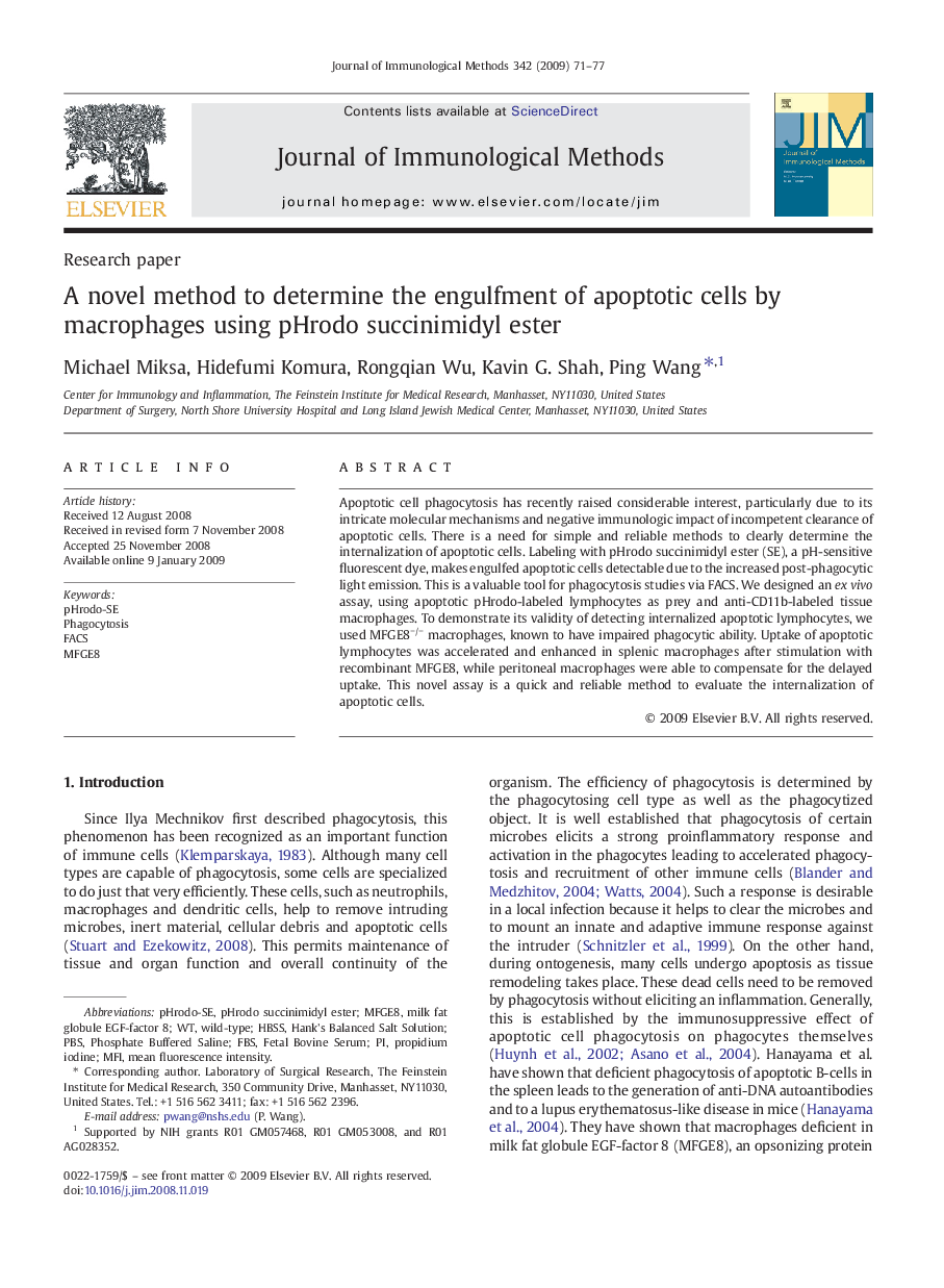 A novel method to determine the engulfment of apoptotic cells by macrophages using pHrodo succinimidyl ester