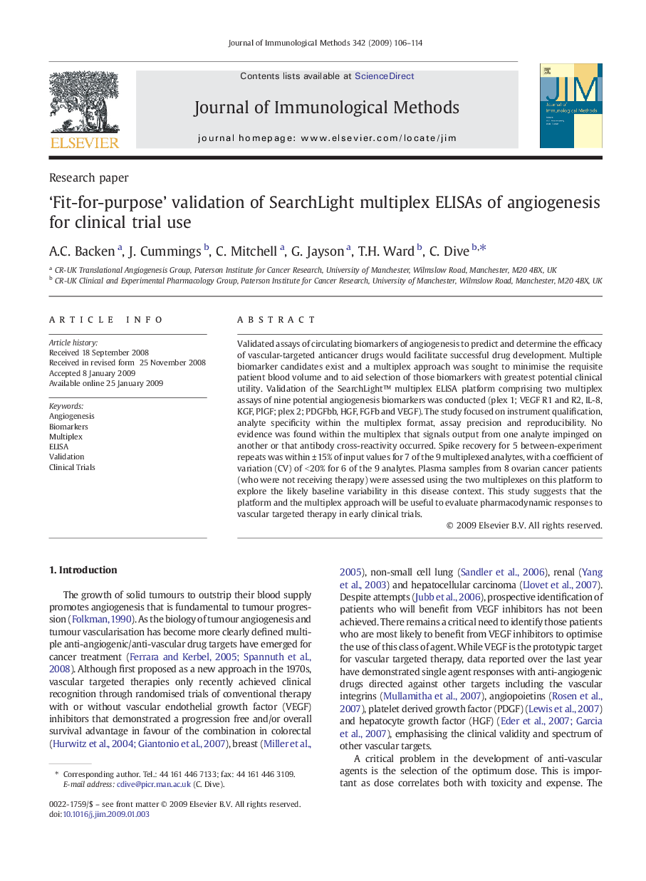 'Fit-for-purpose' validation of SearchLight multiplex ELISAs of angiogenesis for clinical trial use