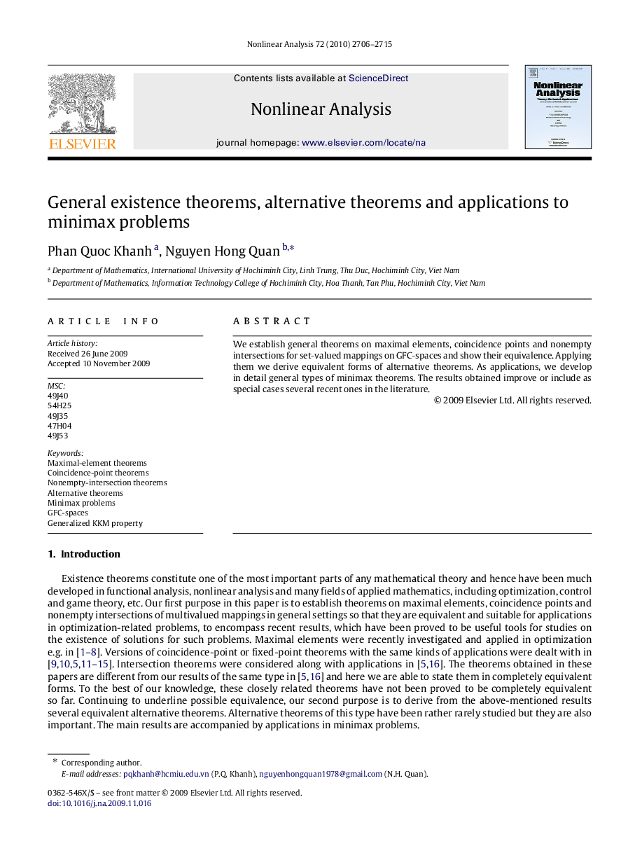 General existence theorems, alternative theorems and applications to minimax problems