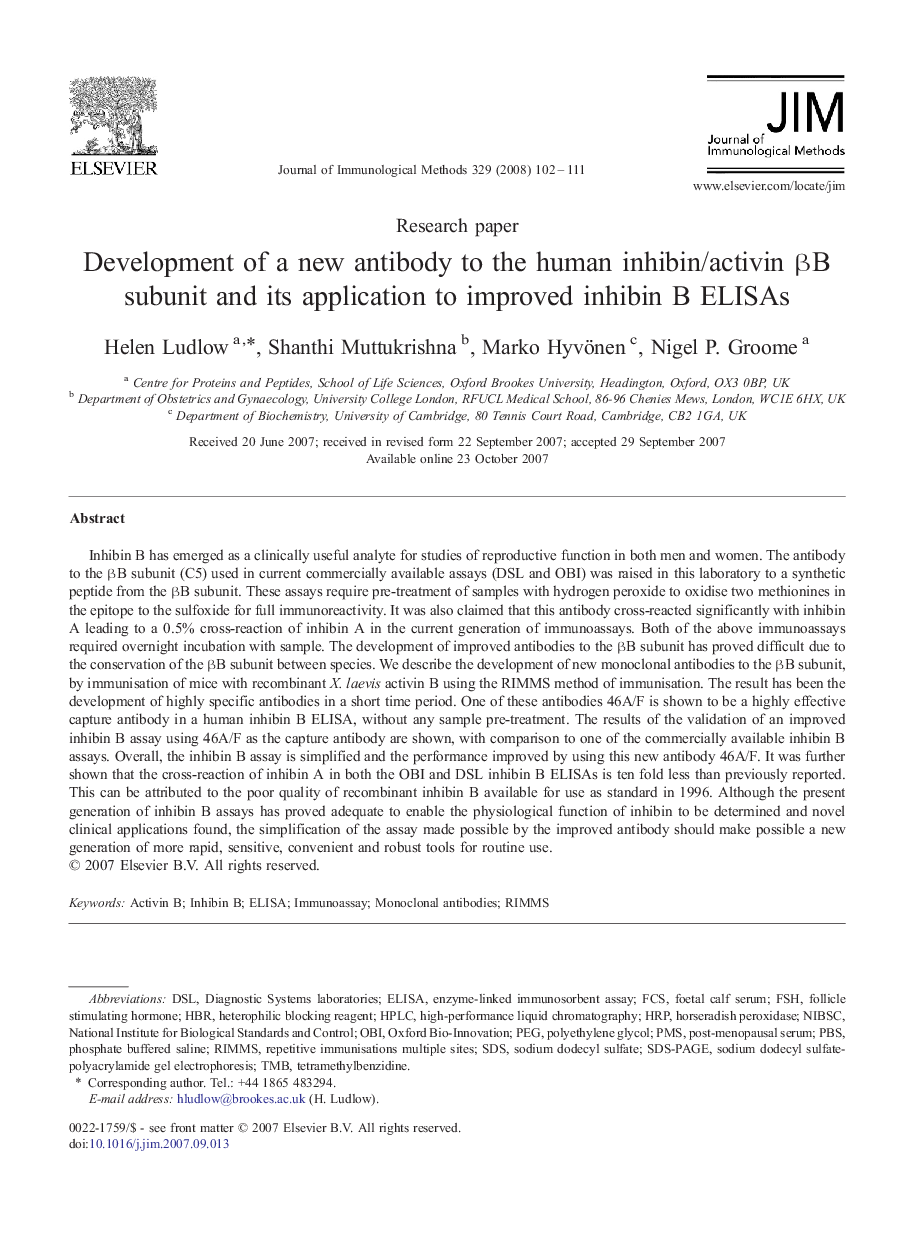 Development of a new antibody to the human inhibin/activin Î²B subunit and its application to improved inhibin B ELISAs