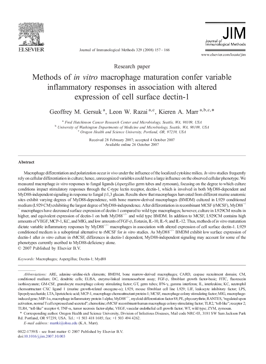 Methods of in vitro macrophage maturation confer variable inflammatory responses in association with altered expression of cell surface dectin-1