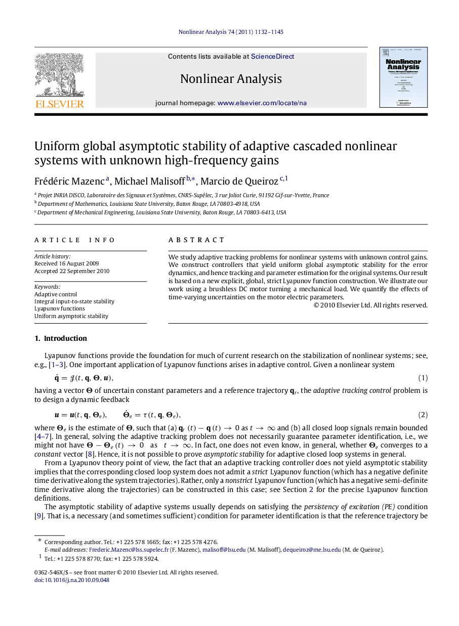 Uniform global asymptotic stability of adaptive cascaded nonlinear systems with unknown high-frequency gains