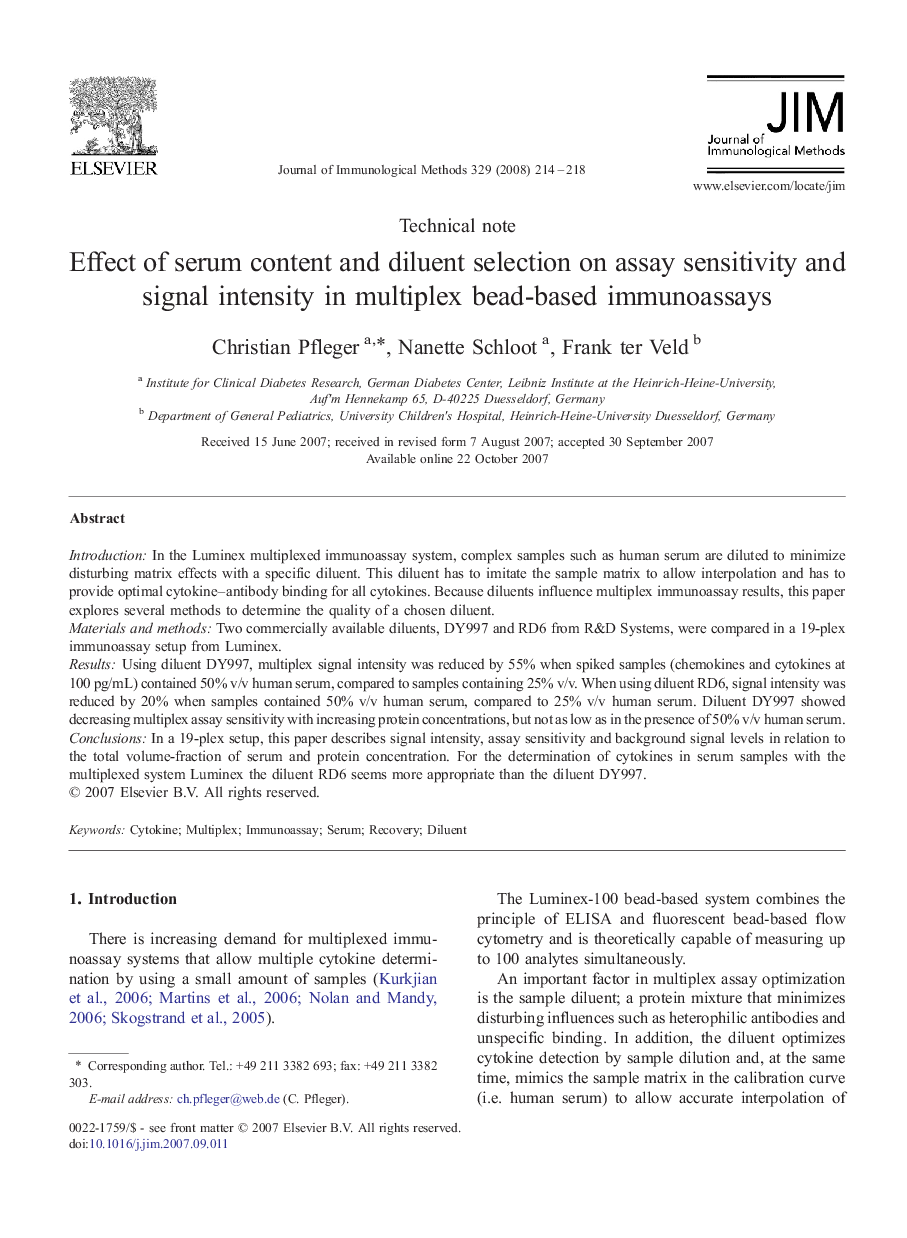 Effect of serum content and diluent selection on assay sensitivity and signal intensity in multiplex bead-based immunoassays