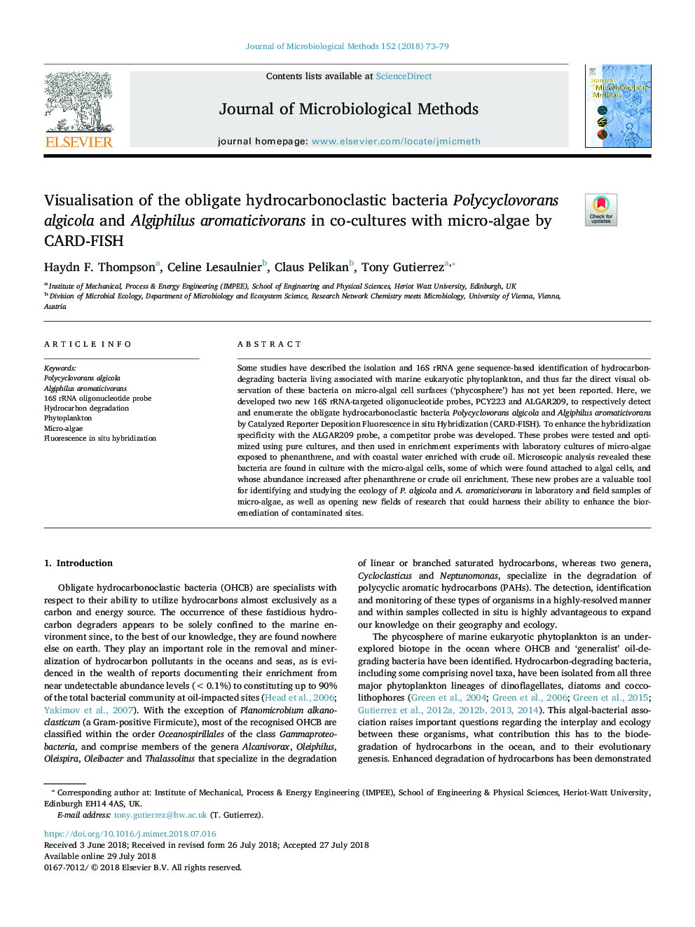 Visualisation of the obligate hydrocarbonoclastic bacteria Polycyclovorans algicola and Algiphilus aromaticivorans in co-cultures with micro-algae by CARD-FISH