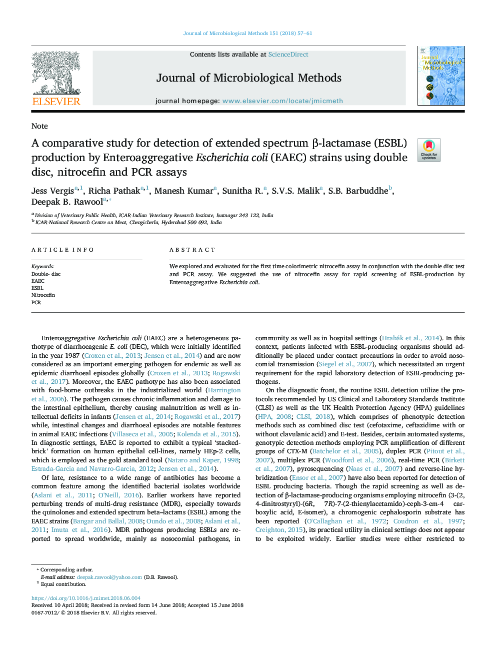 A comparative study for detection of extended spectrum Î²-lactamase (ESBL) production by Enteroaggregative Escherichia coli (EAEC) strains using double disc, nitrocefin and PCR assays