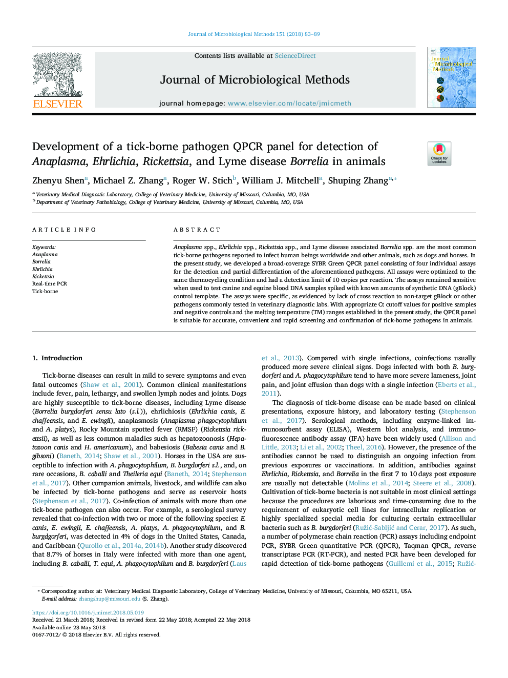 Development of a tick-borne pathogen QPCR panel for detection of Anaplasma, Ehrlichia, Rickettsia, and Lyme disease Borrelia in animals
