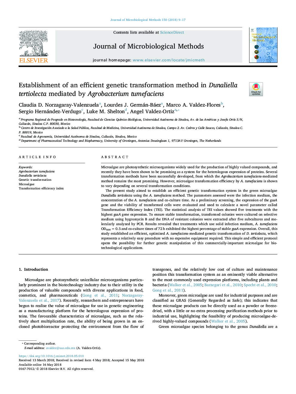Establishment of an efficient genetic transformation method in Dunaliella tertiolecta mediated by Agrobacterium tumefaciens