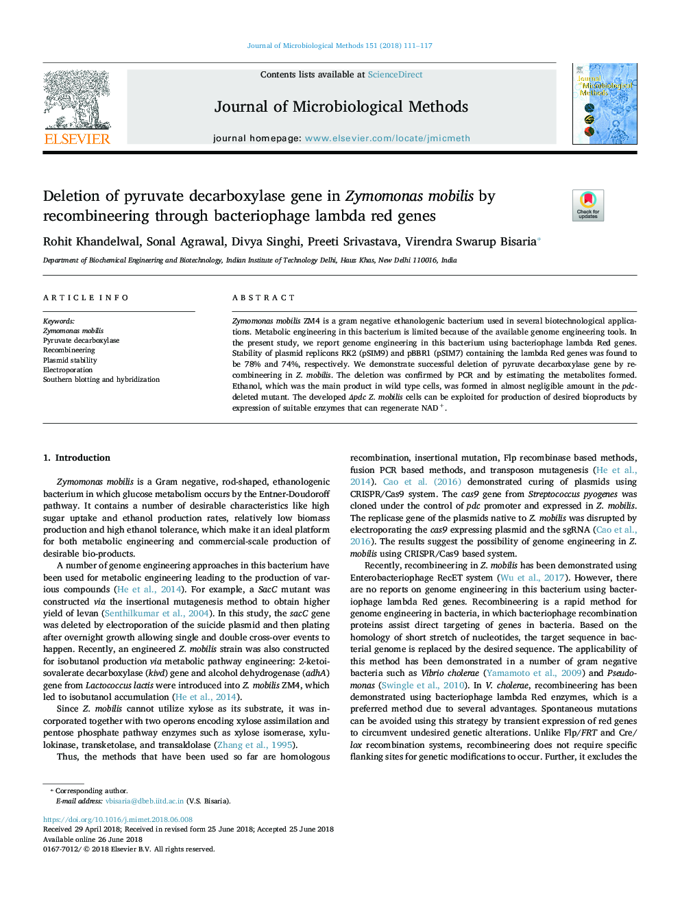 Deletion of pyruvate decarboxylase gene in Zymomonas mobilis by recombineering through bacteriophage lambda red genes