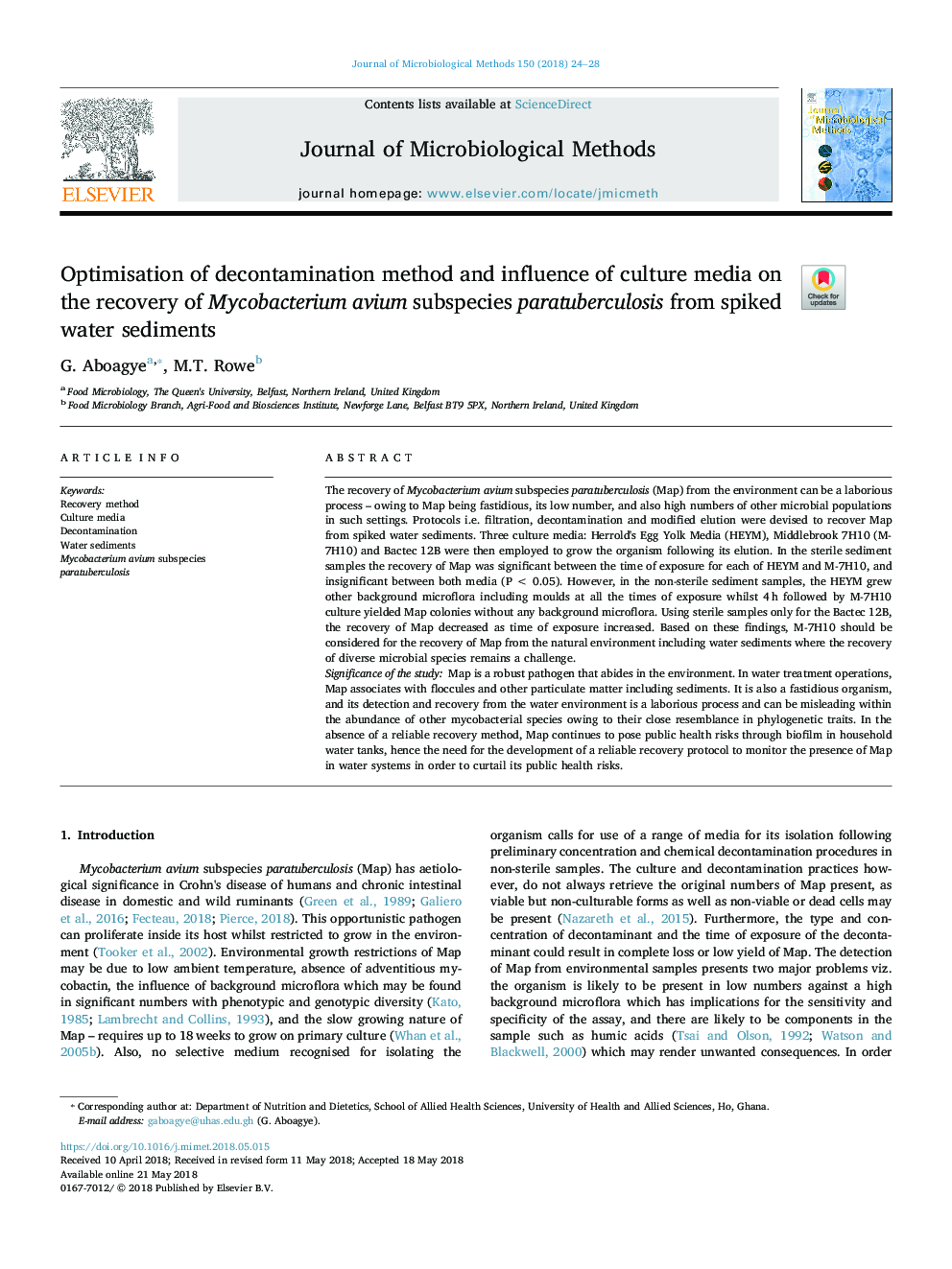 Optimisation of decontamination method and influence of culture media on the recovery of Mycobacterium avium subspecies paratuberculosis from spiked water sediments