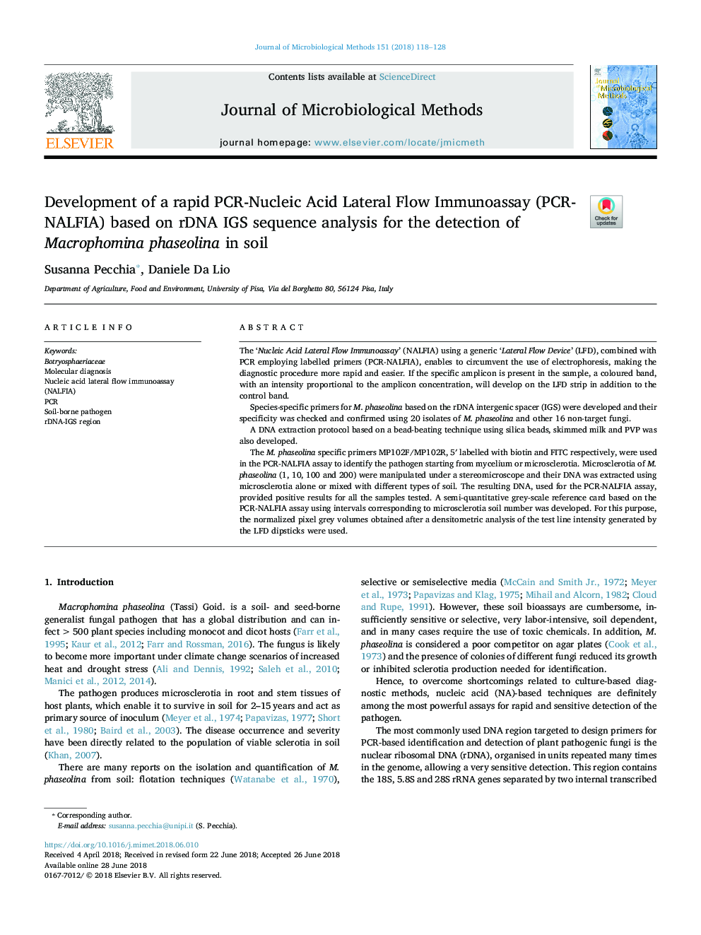 Development of a rapid PCR-Nucleic Acid Lateral Flow Immunoassay (PCR-NALFIA) based on rDNA IGS sequence analysis for the detection of Macrophomina phaseolina in soil