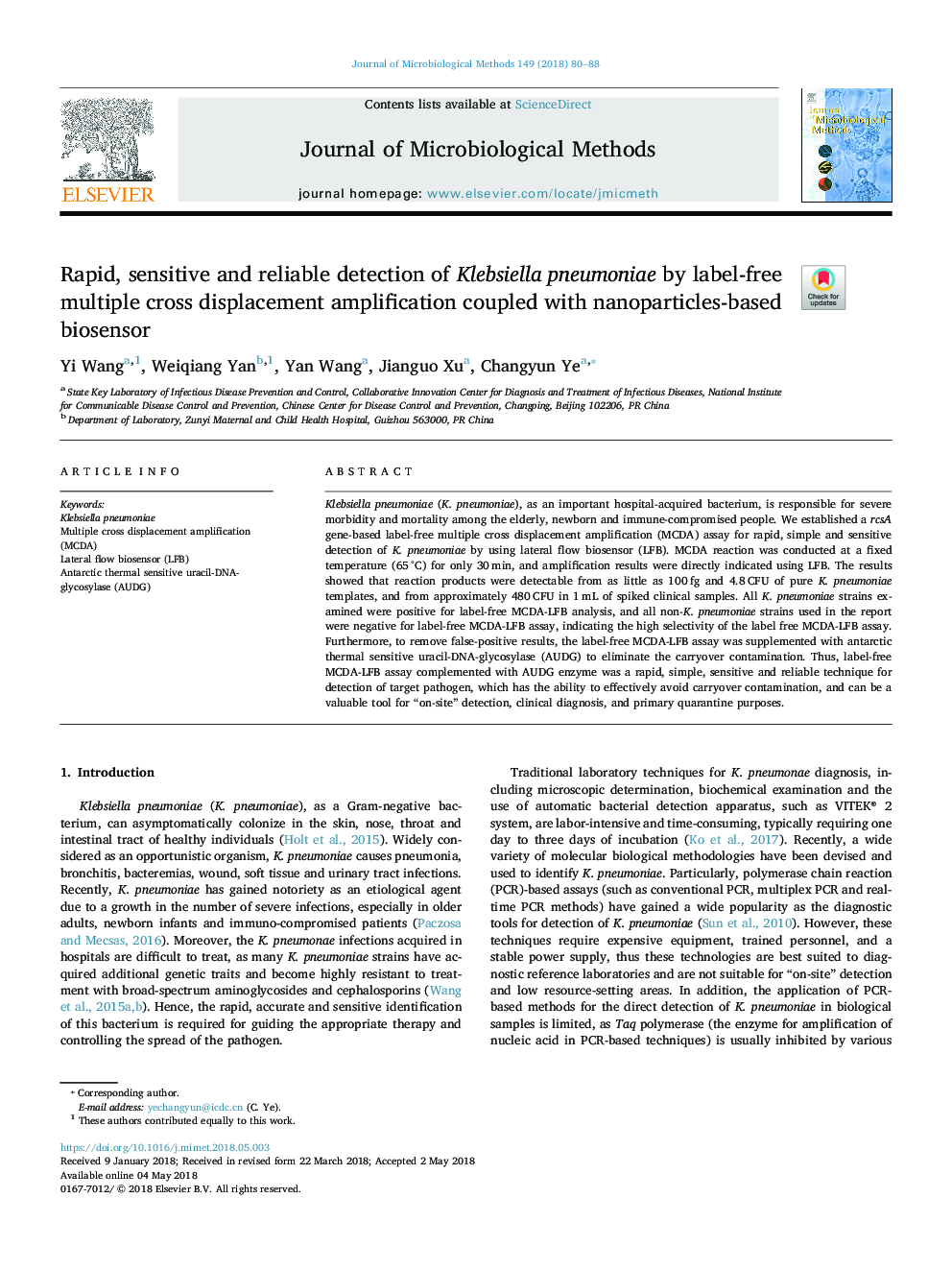 Rapid, sensitive and reliable detection of Klebsiella pneumoniae by label-free multiple cross displacement amplification coupled with nanoparticles-based biosensor