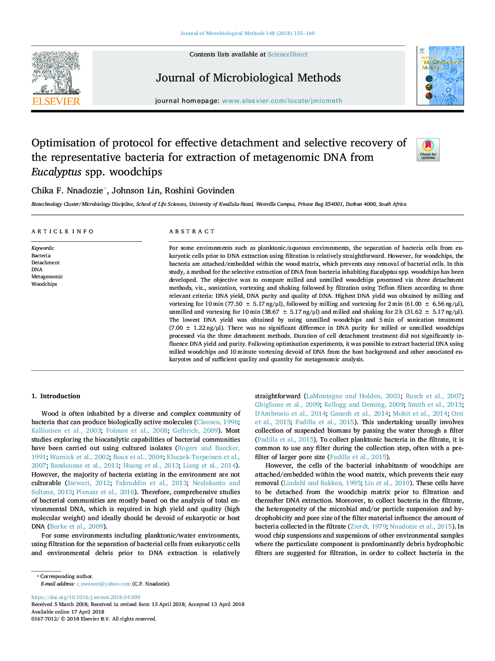 Optimisation of protocol for effective detachment and selective recovery of the representative bacteria for extraction of metagenomic DNA from Eucalyptus spp. woodchips